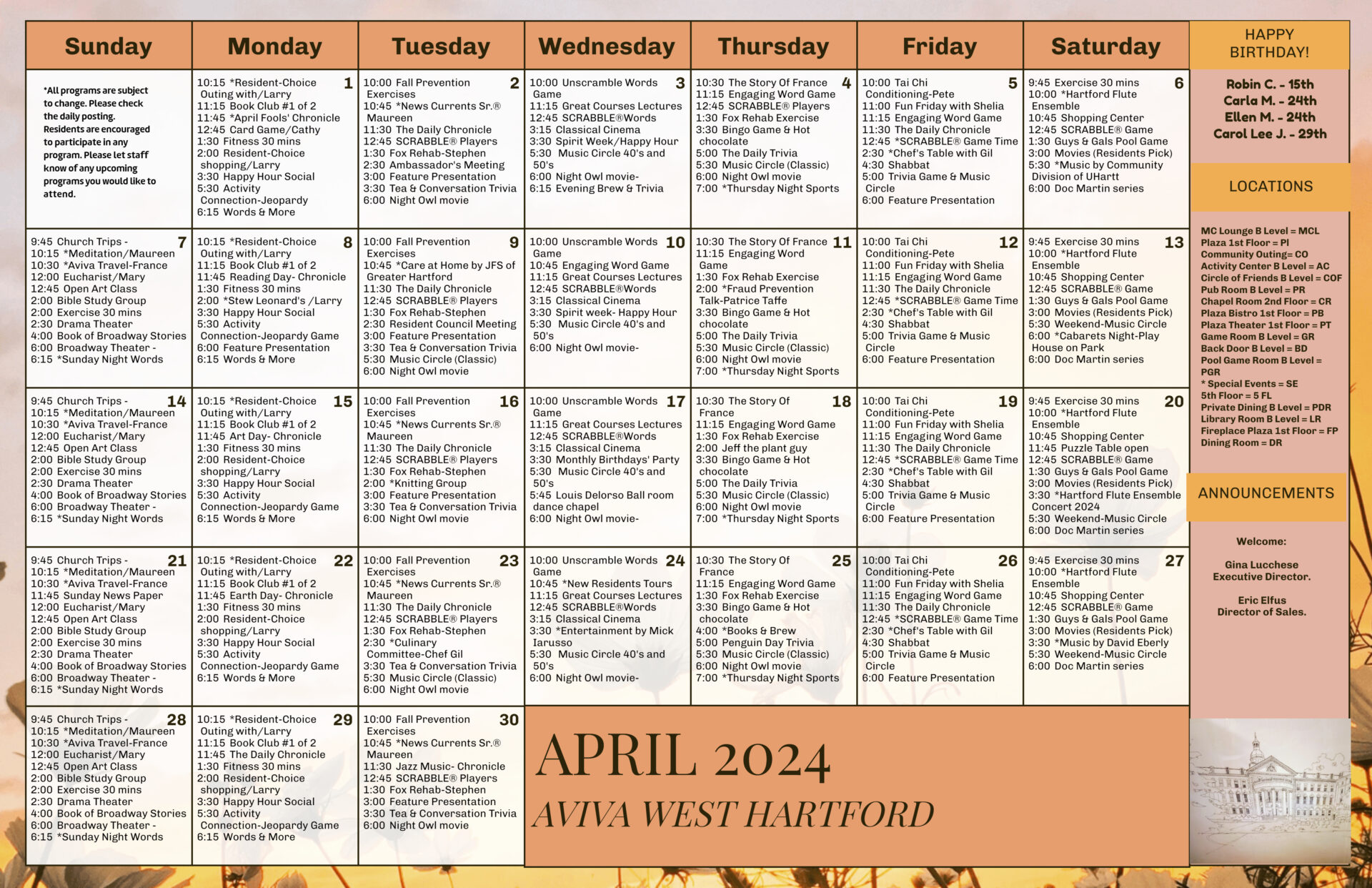 West Hartford- Calendar- April 2024