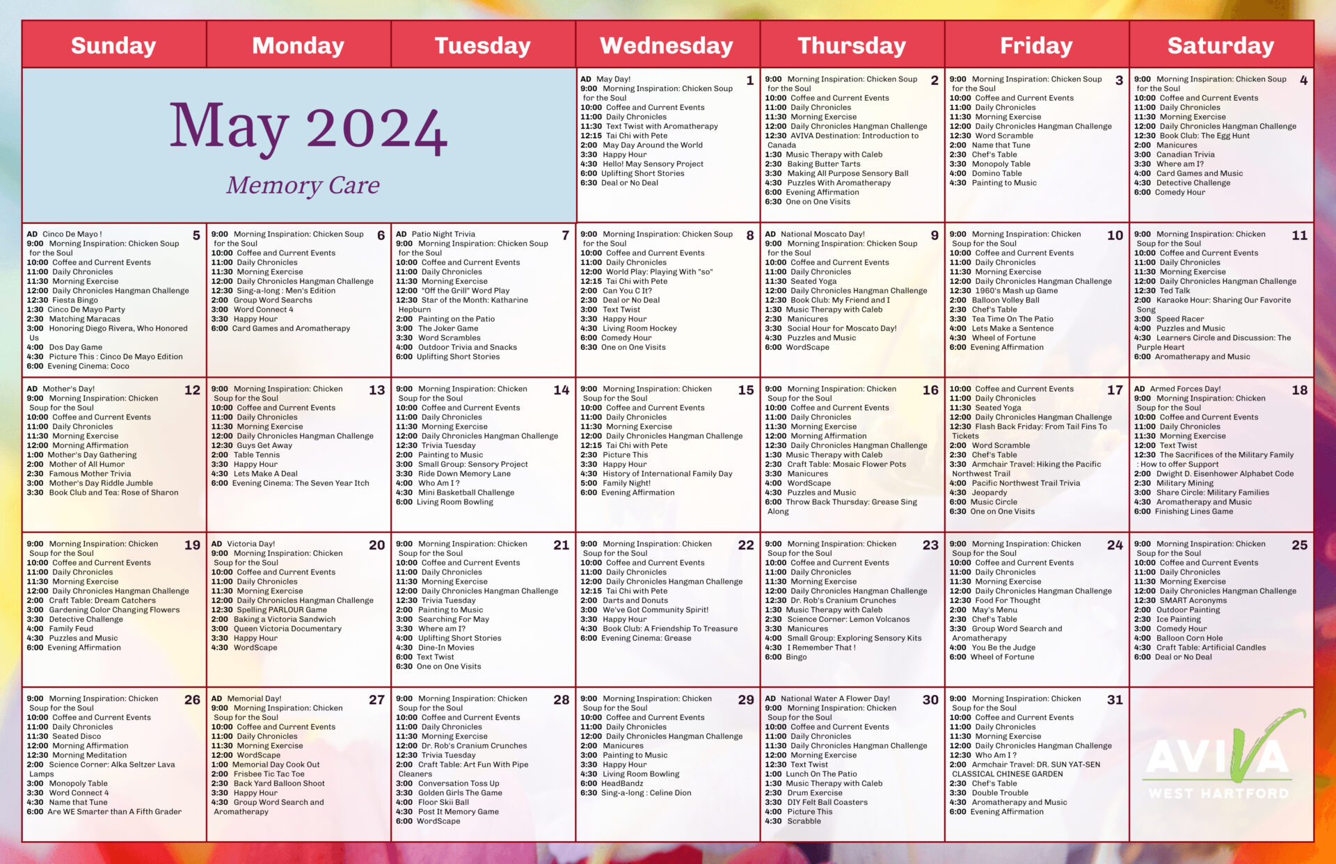 West Hartford Memory Care May 2024 Event Calendar